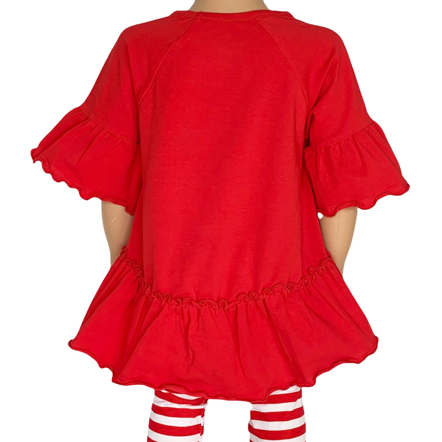 AnnLoren Little & Big Girls 3/4 Angel Sleeve Red Cotton Knit Ruffle top with bell sleeves and flowy silhouette.